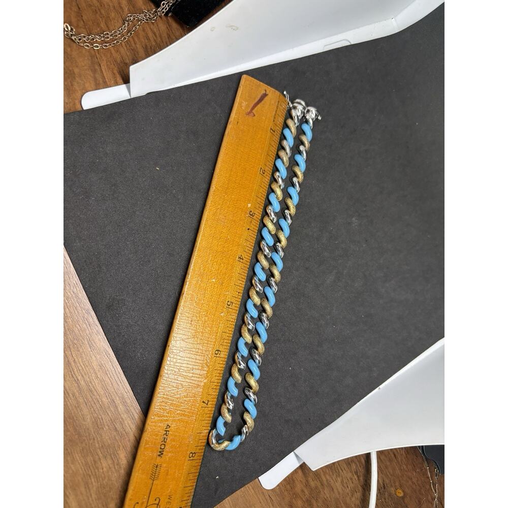 Vintage Sterling Silver 925 3 Tone Gold Turquoise Enamel Twisted Necklace KR 32g - Picture 12 of 13